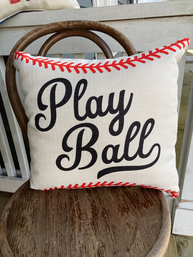 Square Pillow with red baseball seams and black script Play Ball