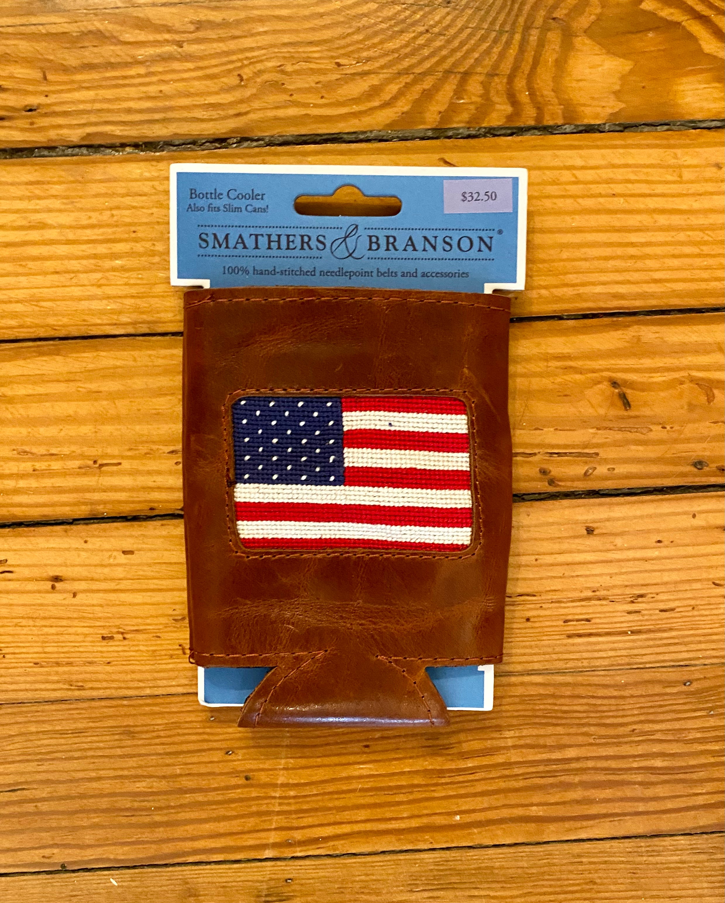 smathers and branson american flaf can coozie leather needlepoint