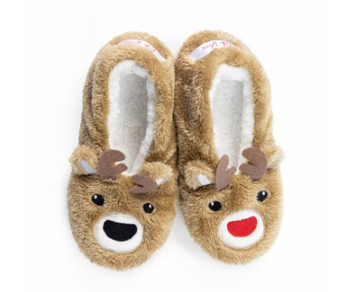 Reindeer slippers with cute ears and antlers with one red nose and one black nose 