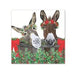 White napkin with brown donkeys wearing red and green floral crowns and looking over a fence decorated with red ribbons and greenery. 