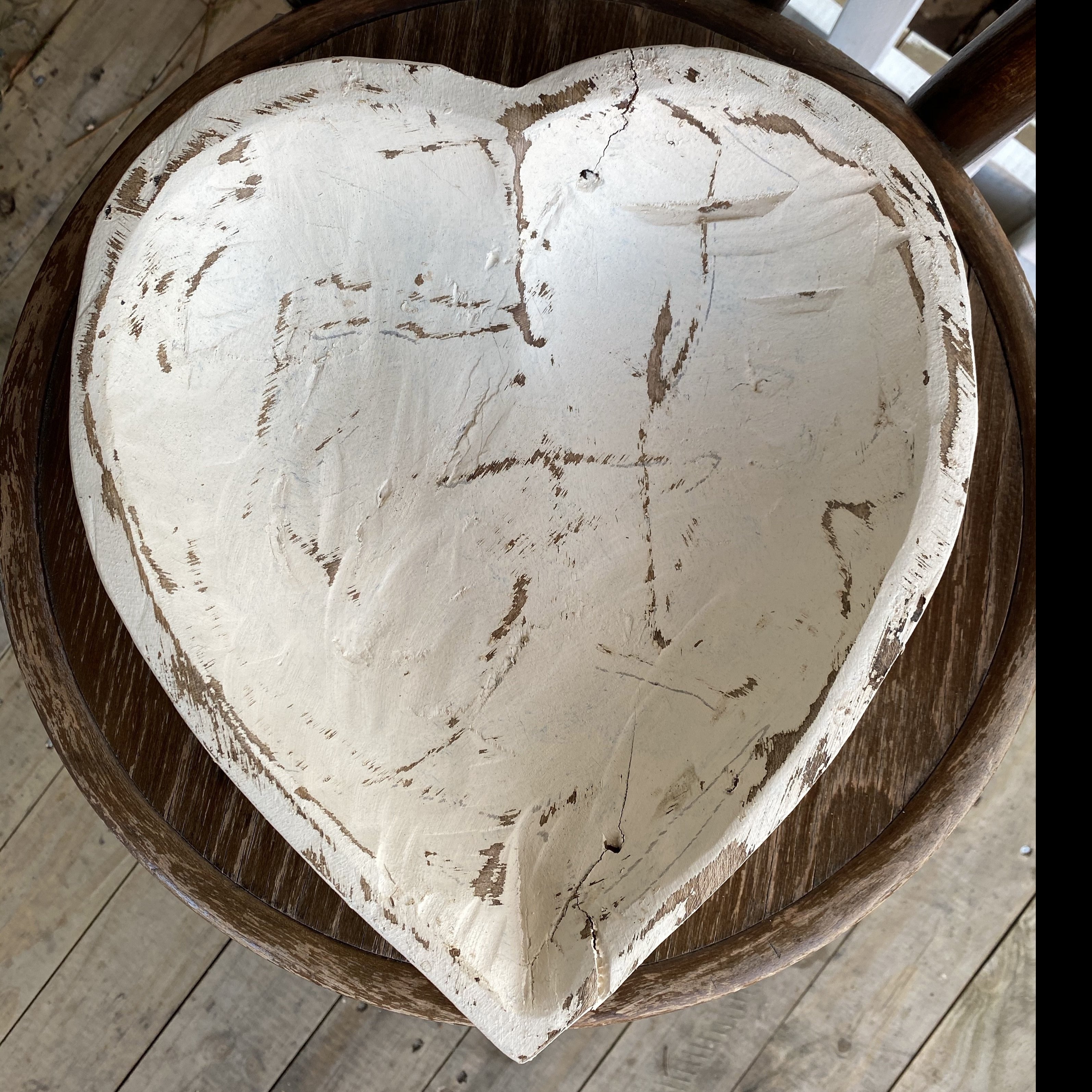 Heart shaped wooden dough bowl with white washed finish