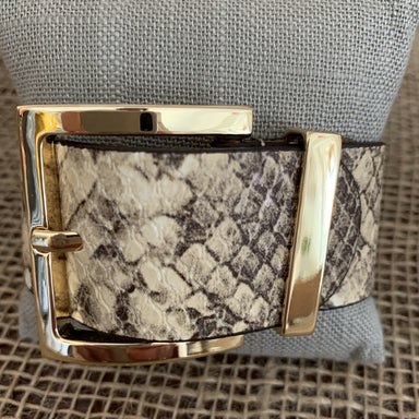 Snake print grey leather belt bracelet with gold buckle fastener