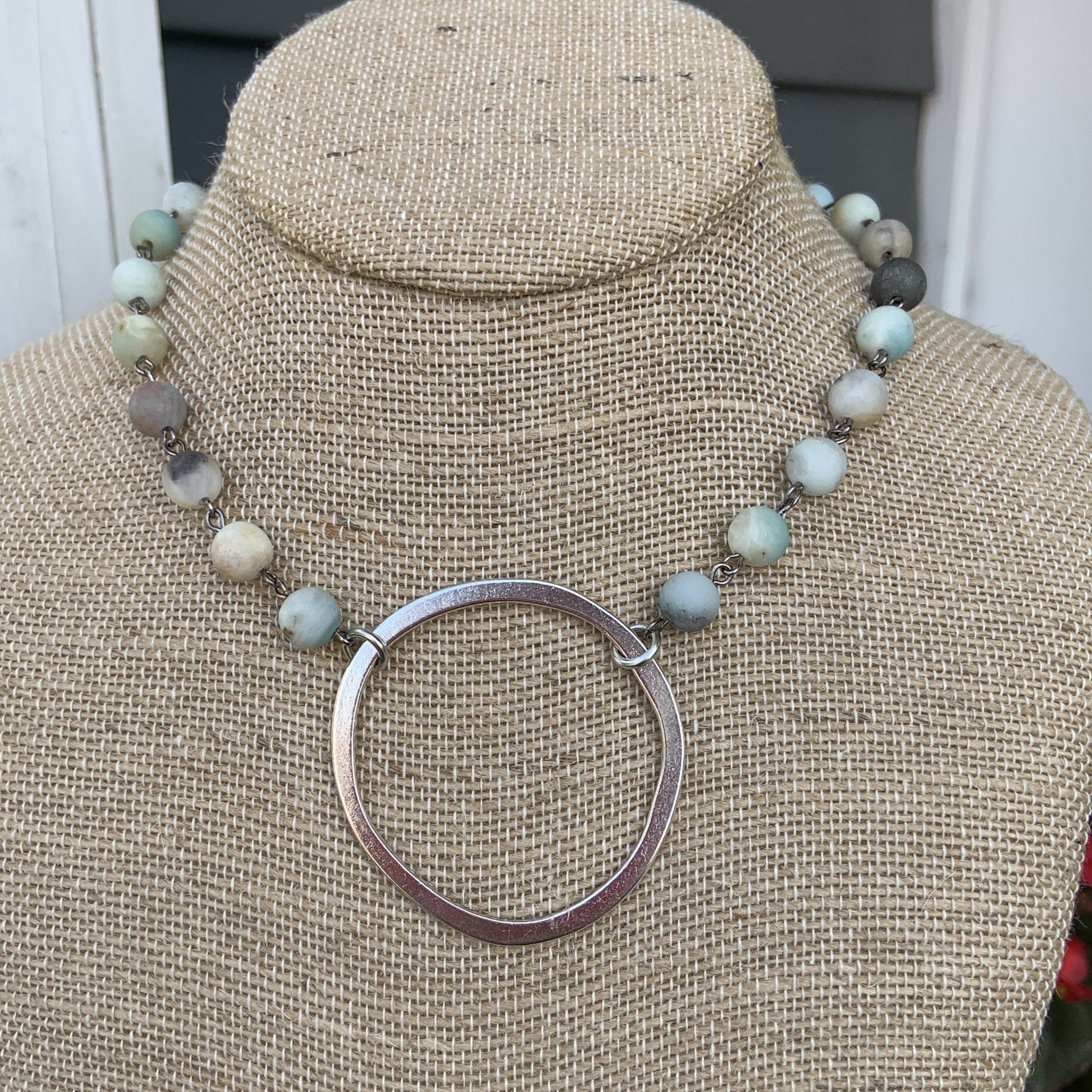 Beaded Necklace with Large Hammered Circle Pendant