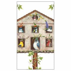 A whimsical bird house with a variety of birds and florals.