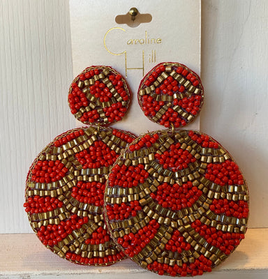 Red and gold beaded circle earrings