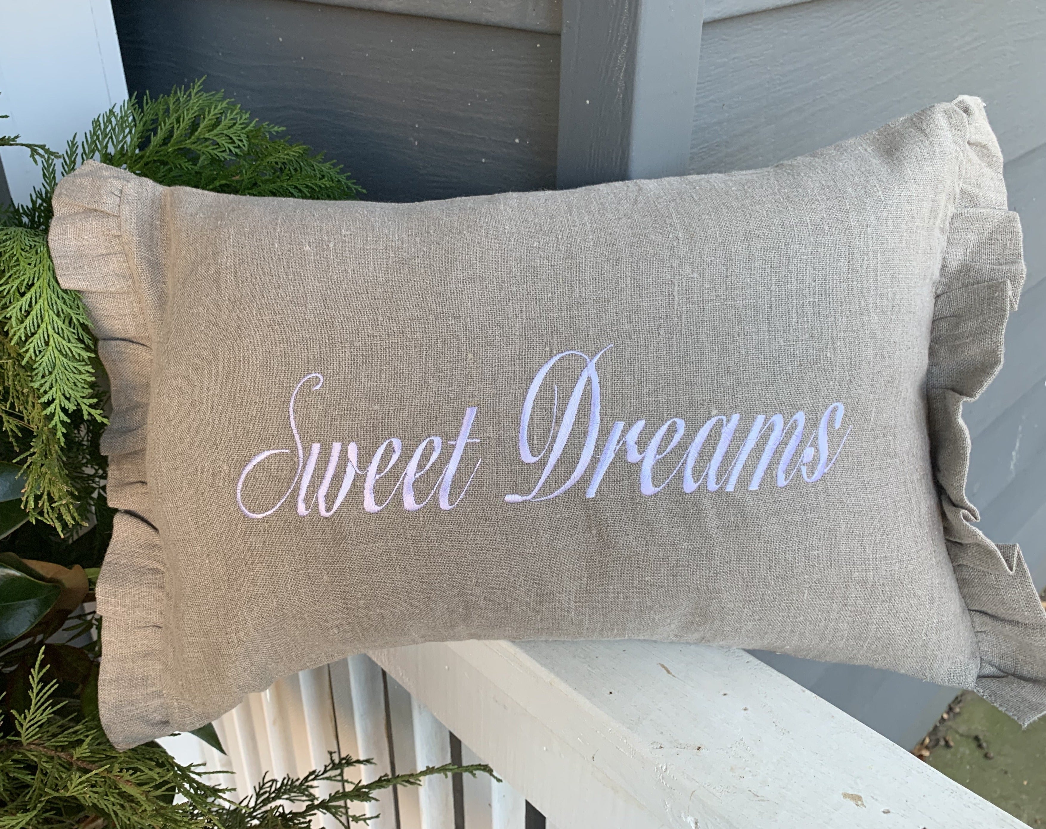 Embroidered Sweet Dreams Pillow - Tan pillow with white script