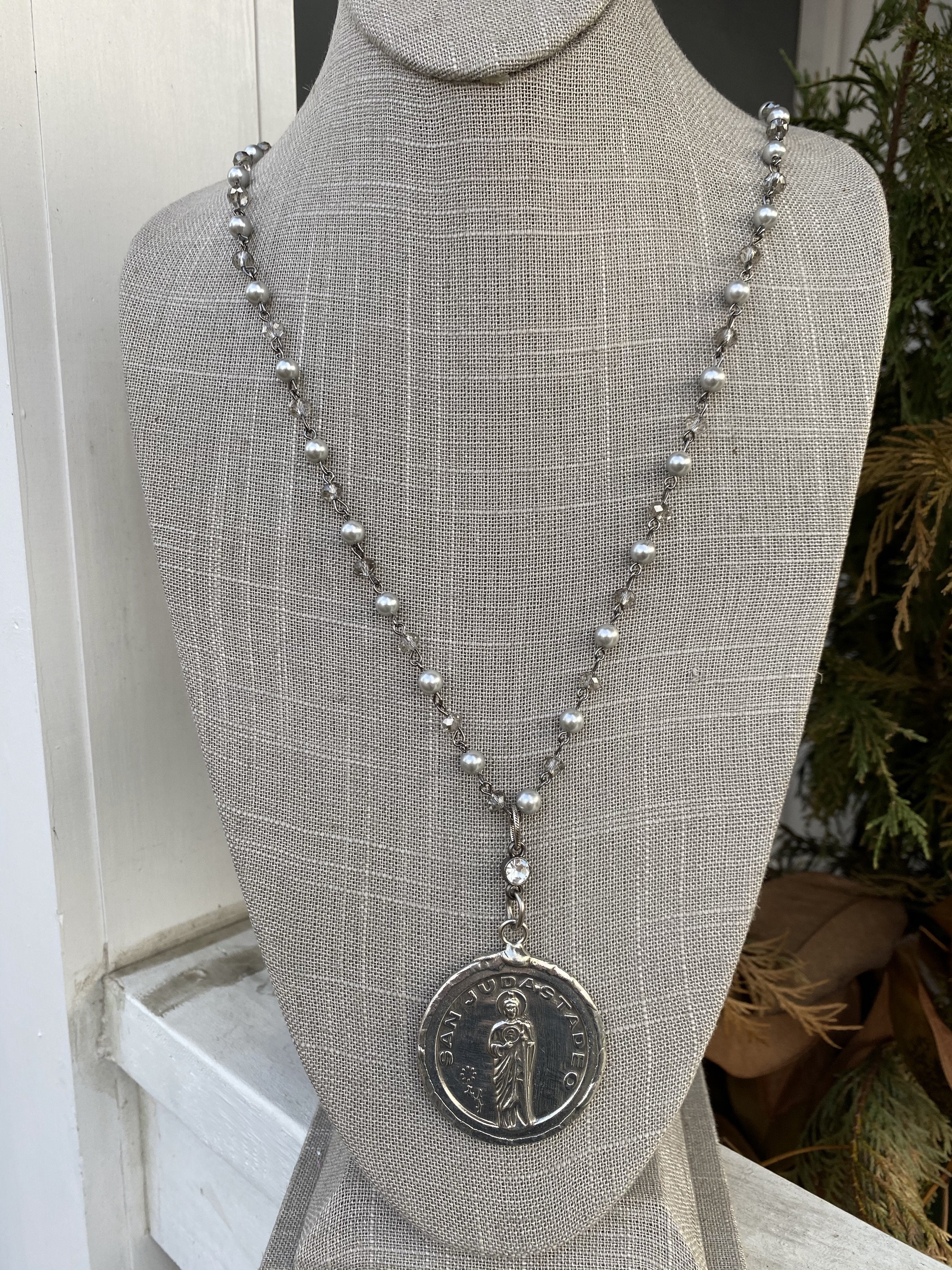 Silvery pearl and smokey grey crystal chain link long necklace with large silver saint charm