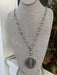 Silvery pearl and smokey grey crystal chain link long necklace with large silver saint charm