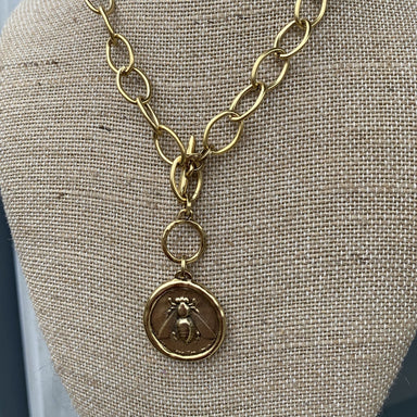 Gold chunky chain link necklace with bee charm and toggle closure
