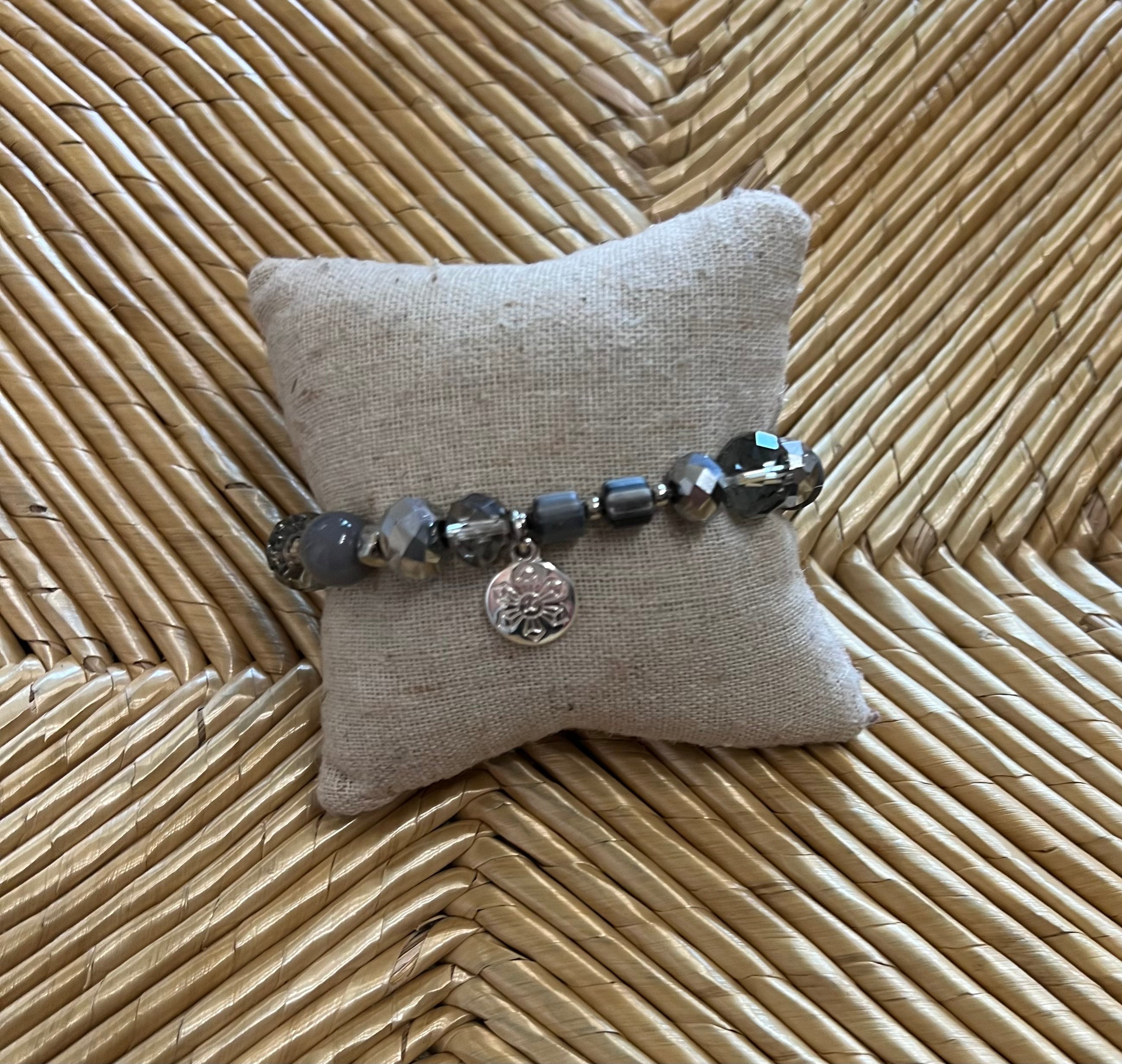 Beaded Gray Tones Bracelet w/ Snowflake Charm