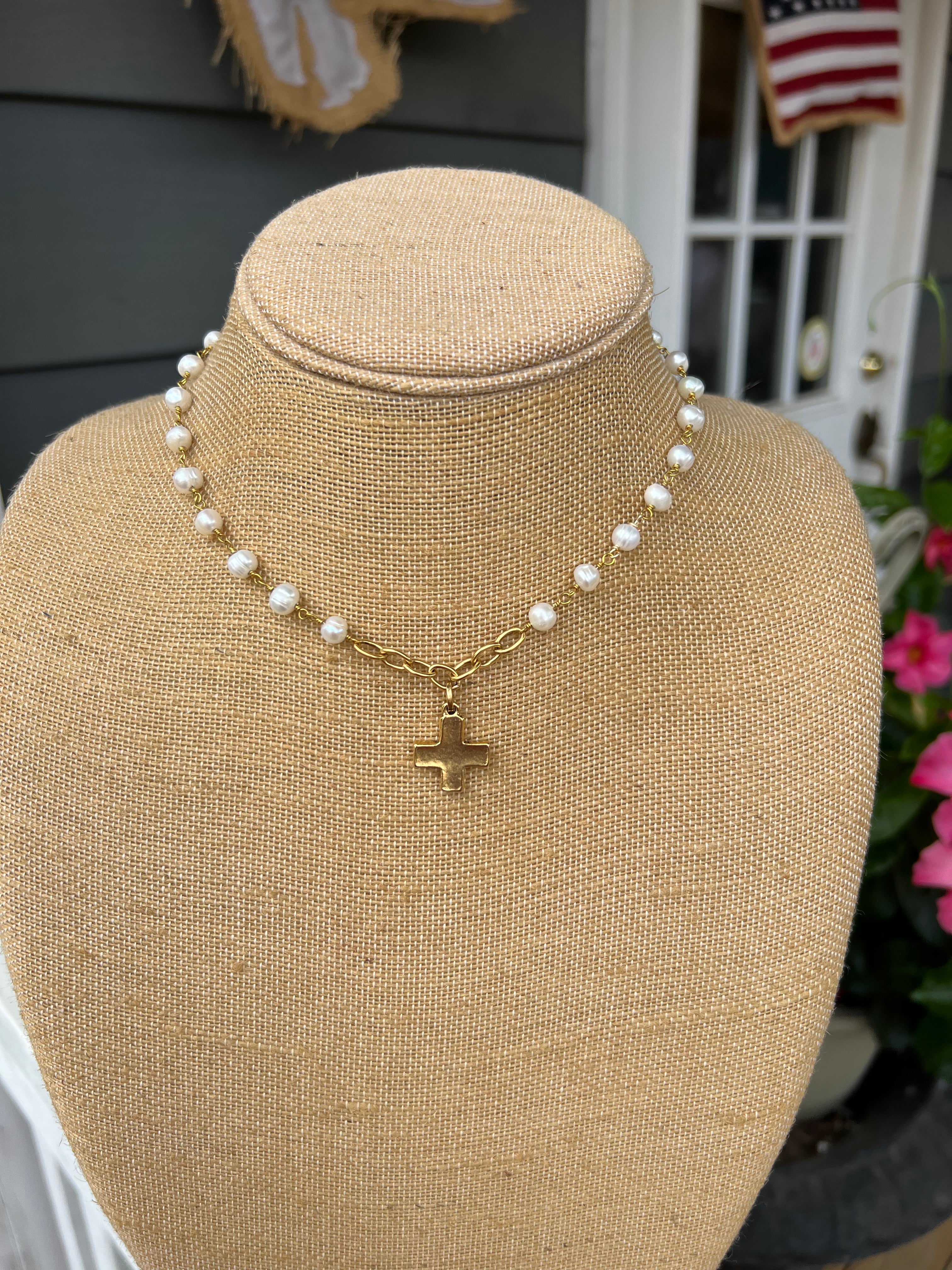 Beaded Pearl and Cross Necklace