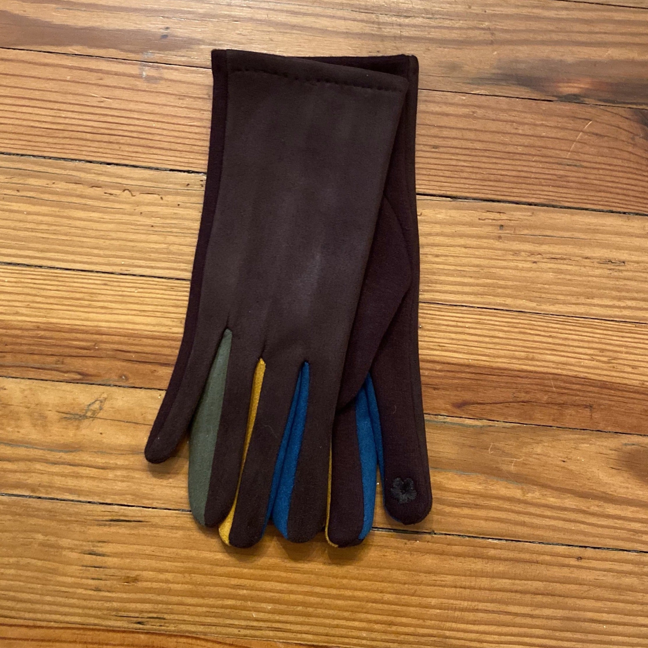 Gloves with Touch Screen Functionality - Brown with grey, yellow and blue fingers