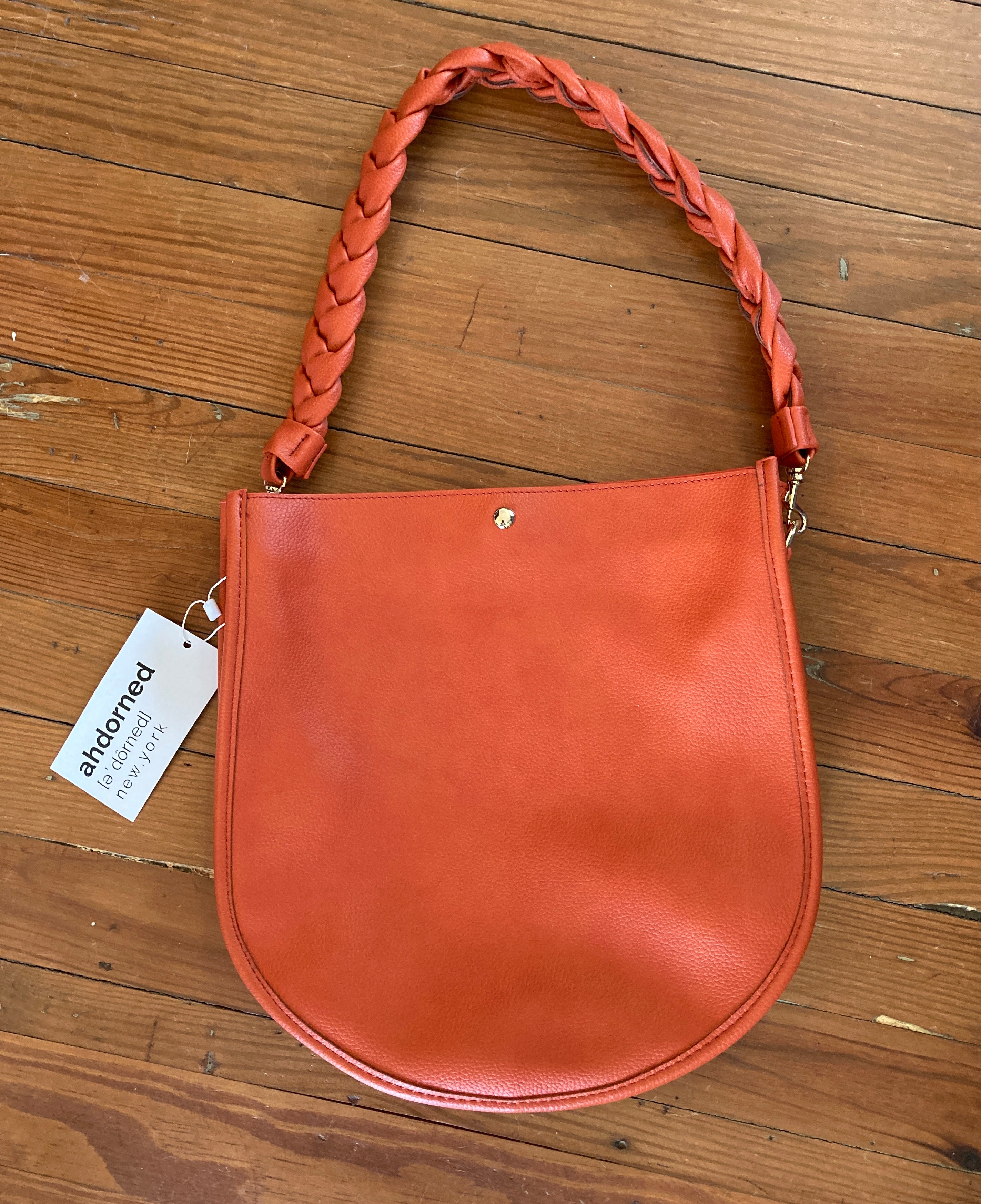 Italian Leather Crossbody Tote with Wool Felt and Zip - Orange and