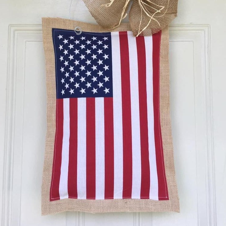 Vertical hanging American flag with burlap trim
