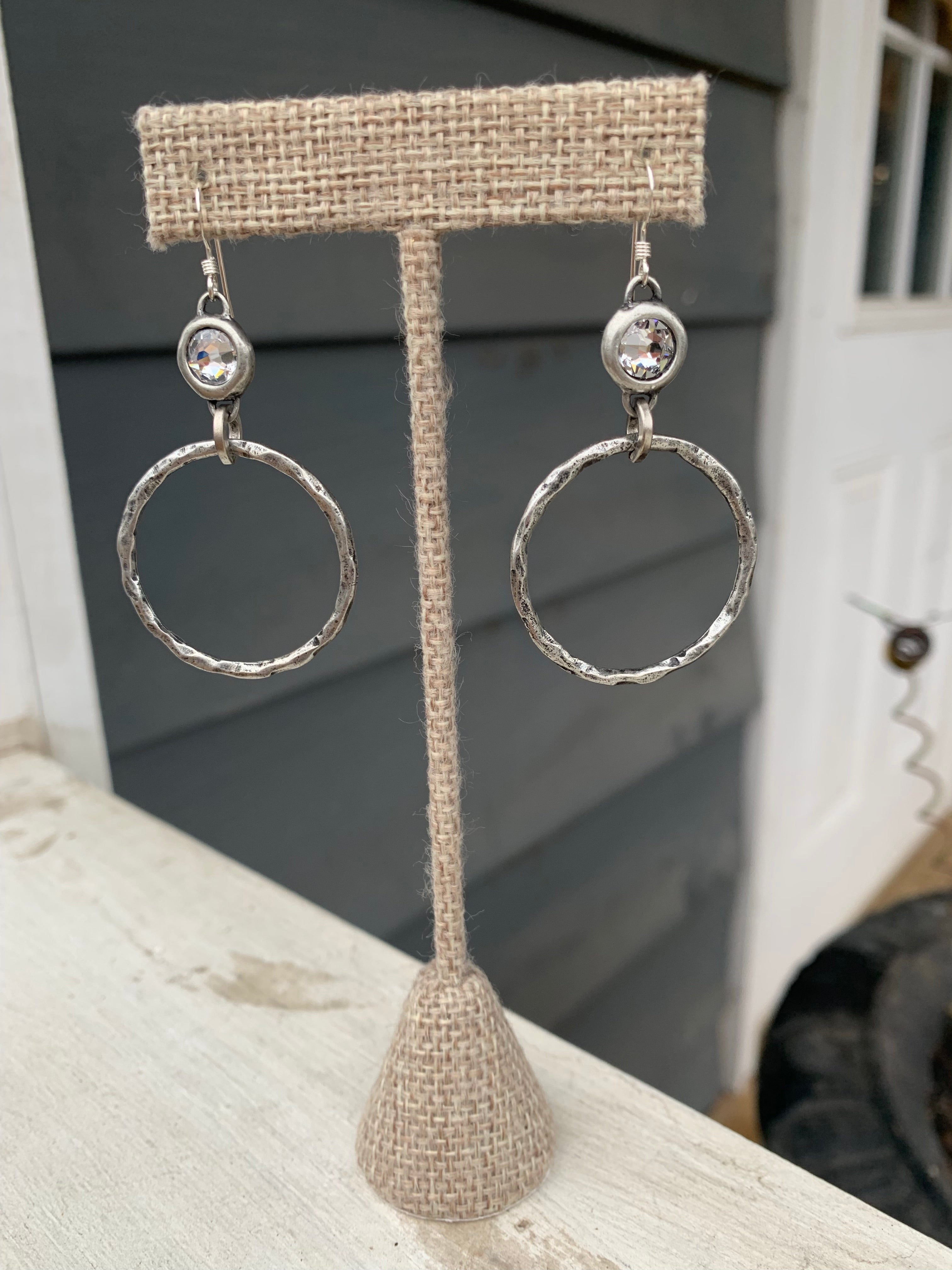 Hammered Gold Hoop Earrings with Crystal