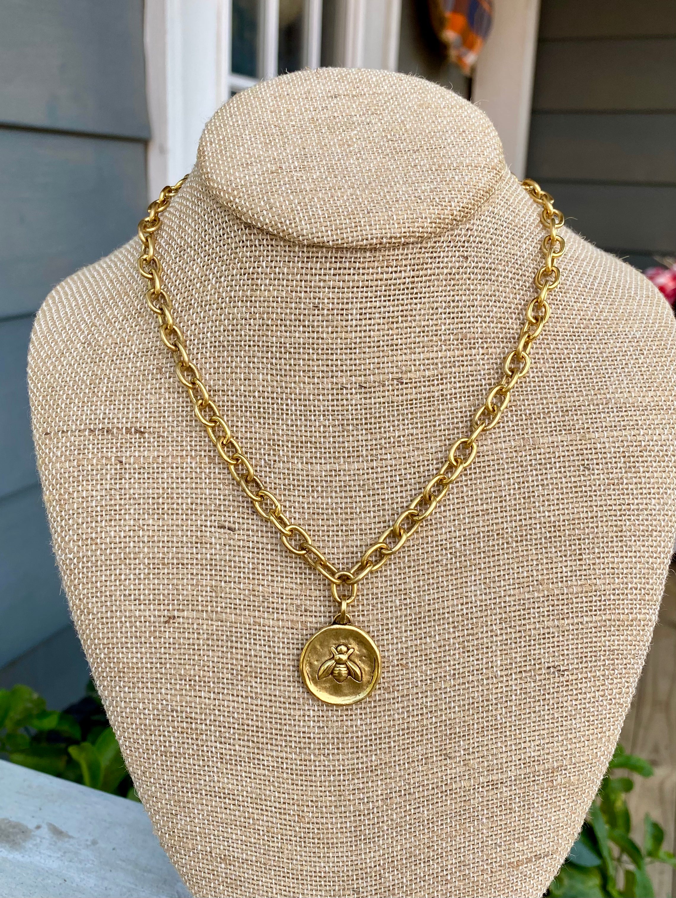 Gold Necklace with Hammered Bee Circle Pendant