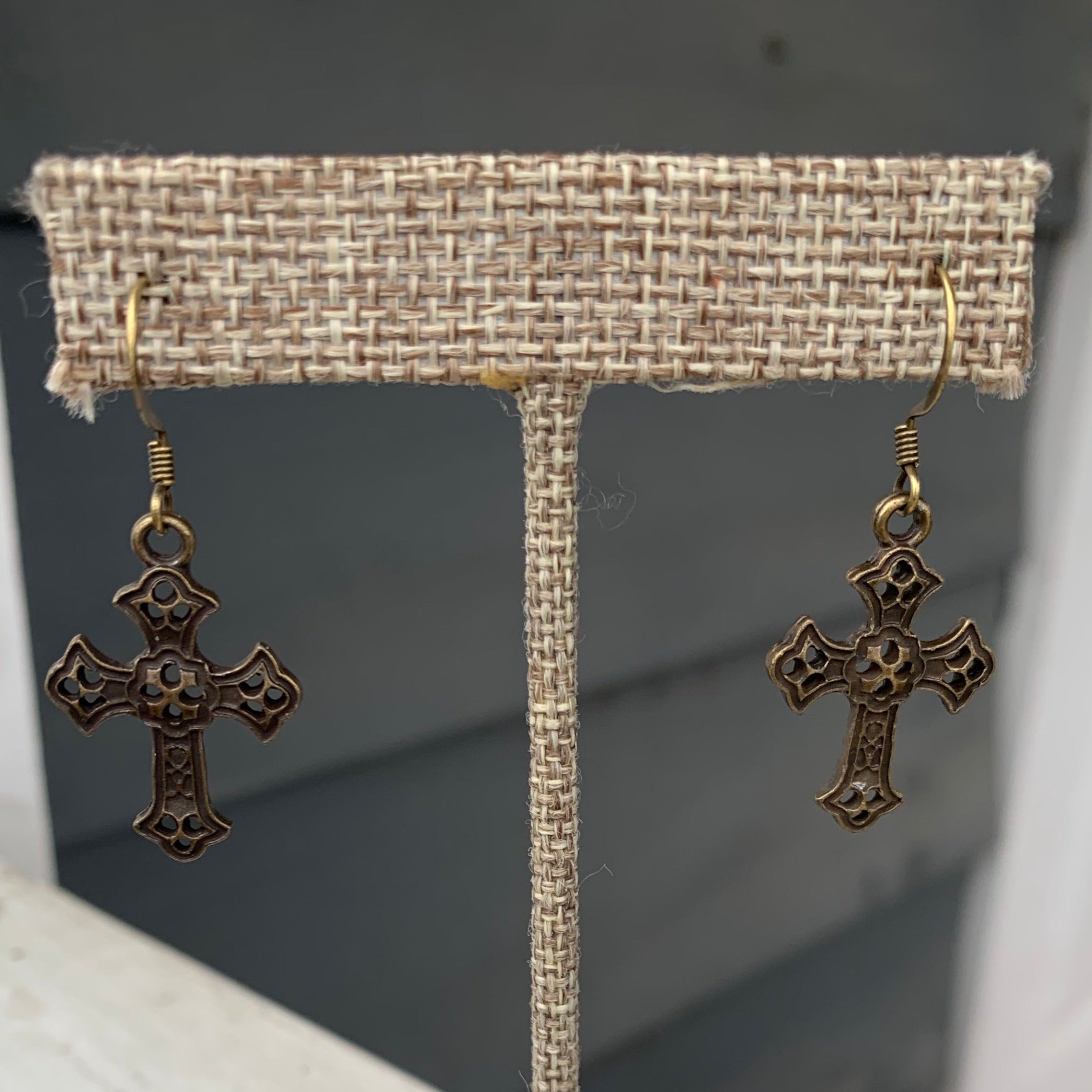 Filigree Bronze Cross Drop Earrings 
