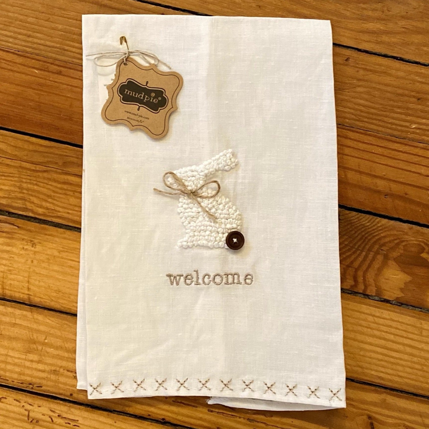 Linen Tea Towel - Easter Bunny Embroidered Welcome
