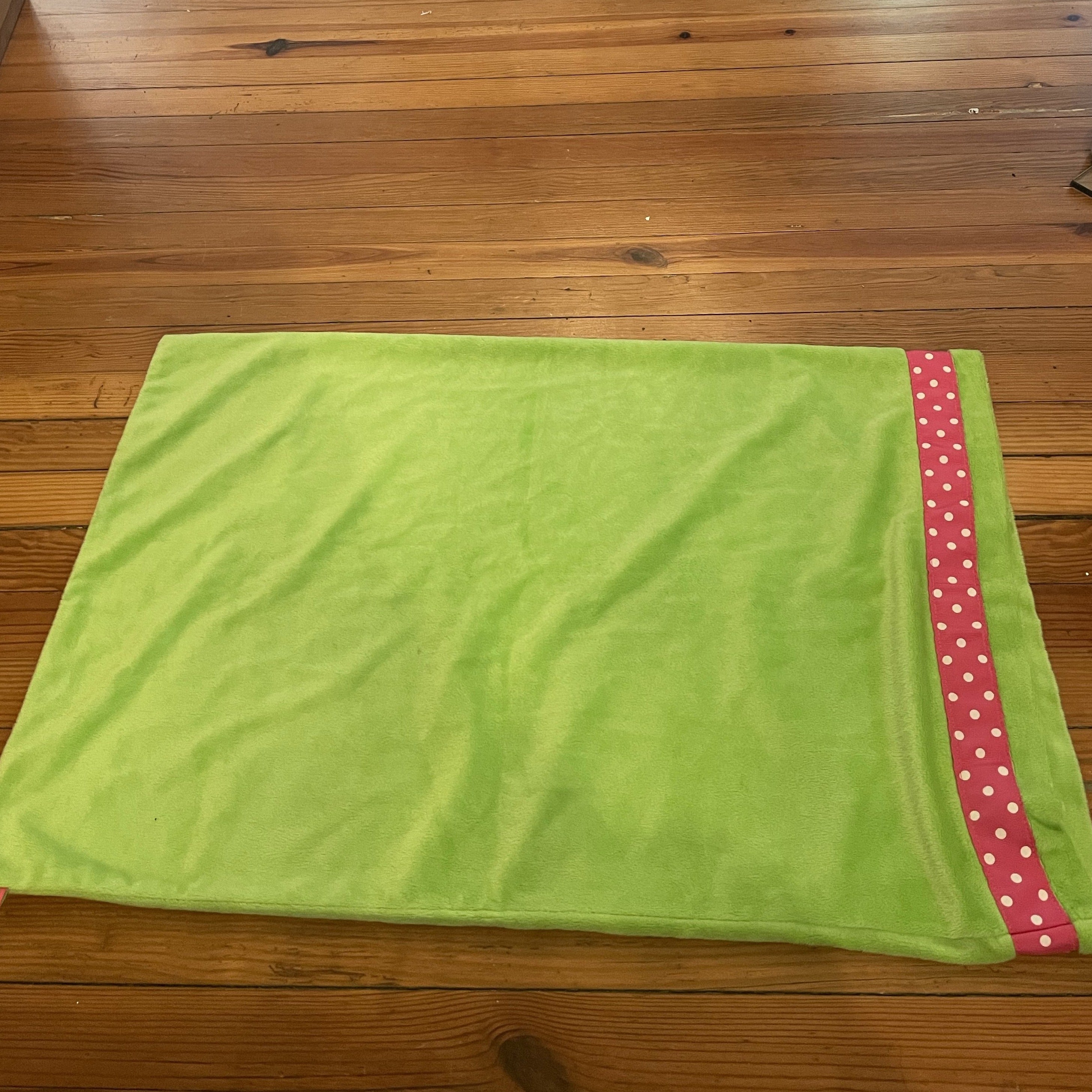 Velour Pillow Case - Lime green with pink and white polka dot trim