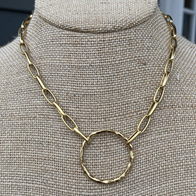 Gold oblong, thick chain link necklace with large, hammered gold circle pendant