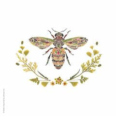 A colorful mosaic drawing of a bee with floral accents circling the bottom half of the bee drawing.