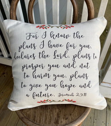 Square pillow with red flowers and black script - Jeremiah 2:9-11