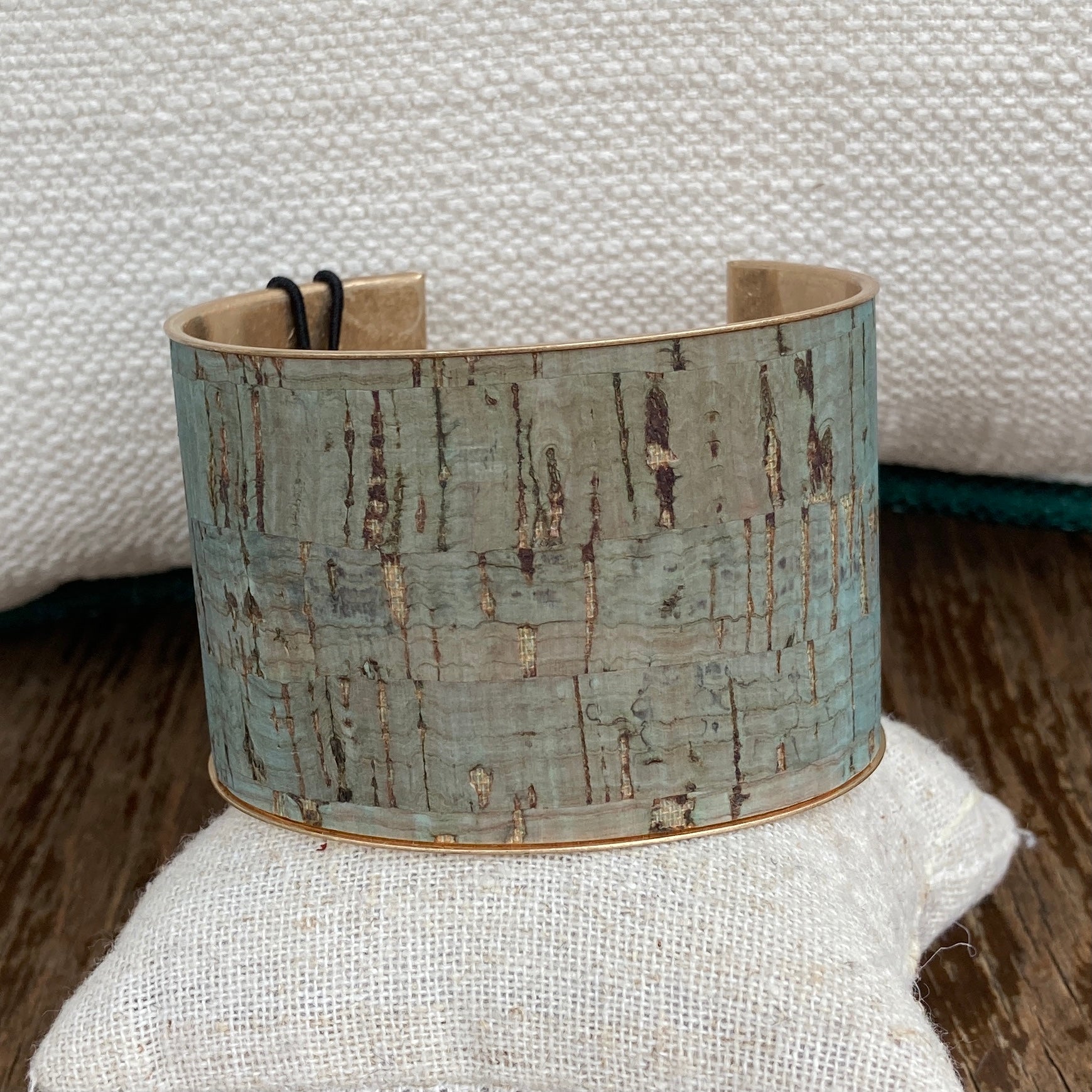 Natural Cork Cuff Bracelet available in teal with gold flecks throughout