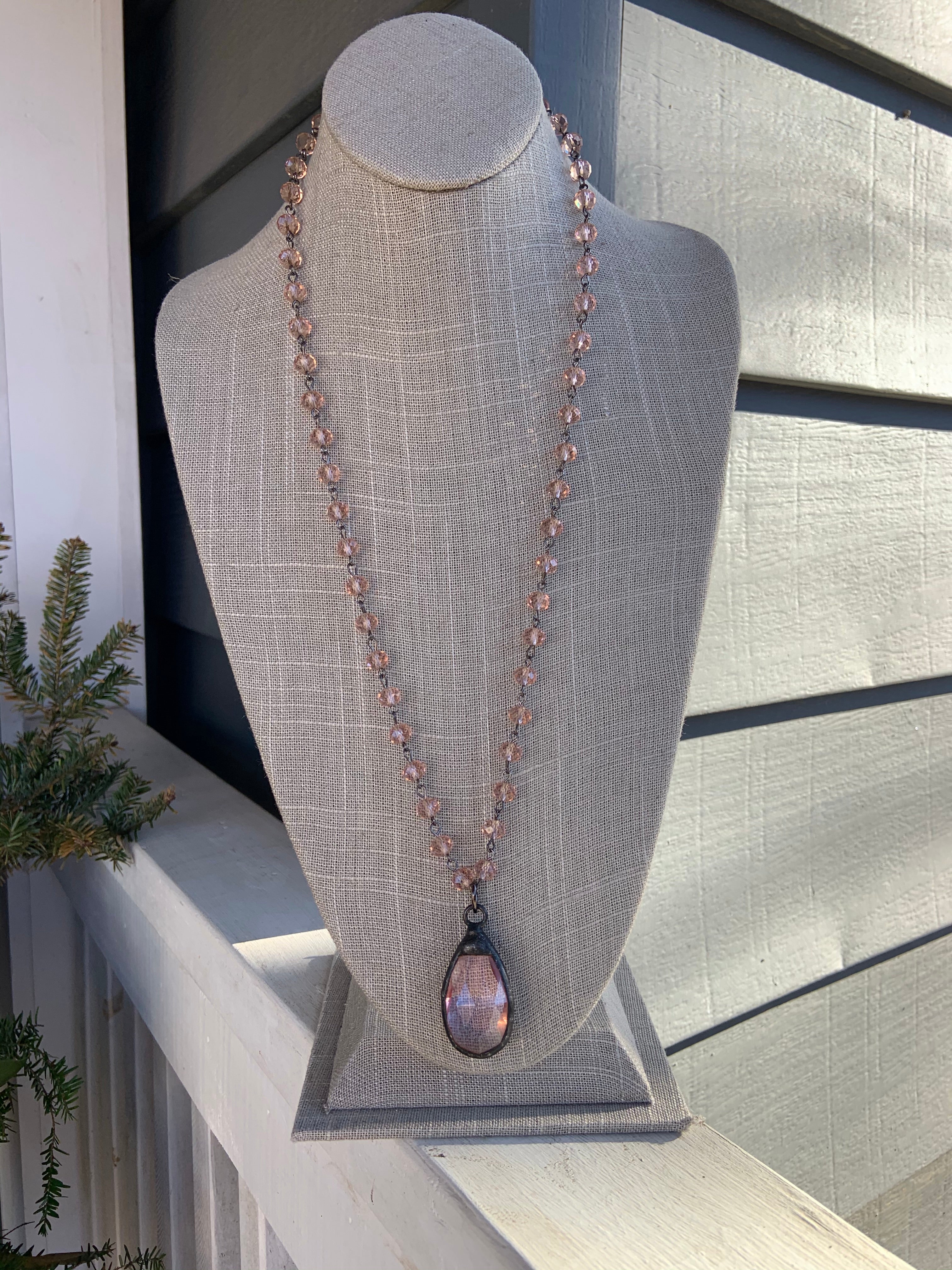 Single Crystal Teardrop Necklace, Crystal Beaded Chain, 40”