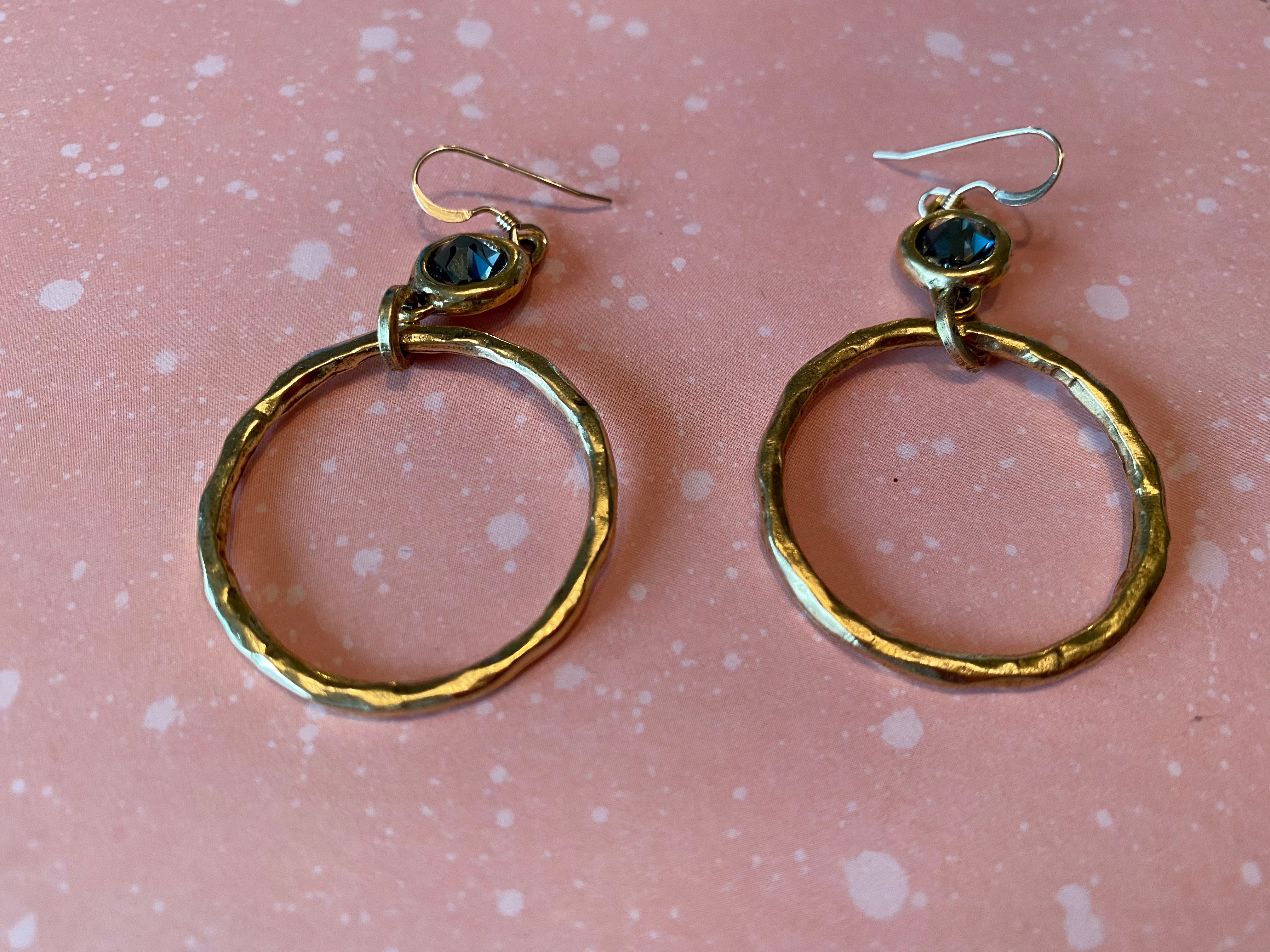 Hammered Gold Hoop Earrings with Crystal
