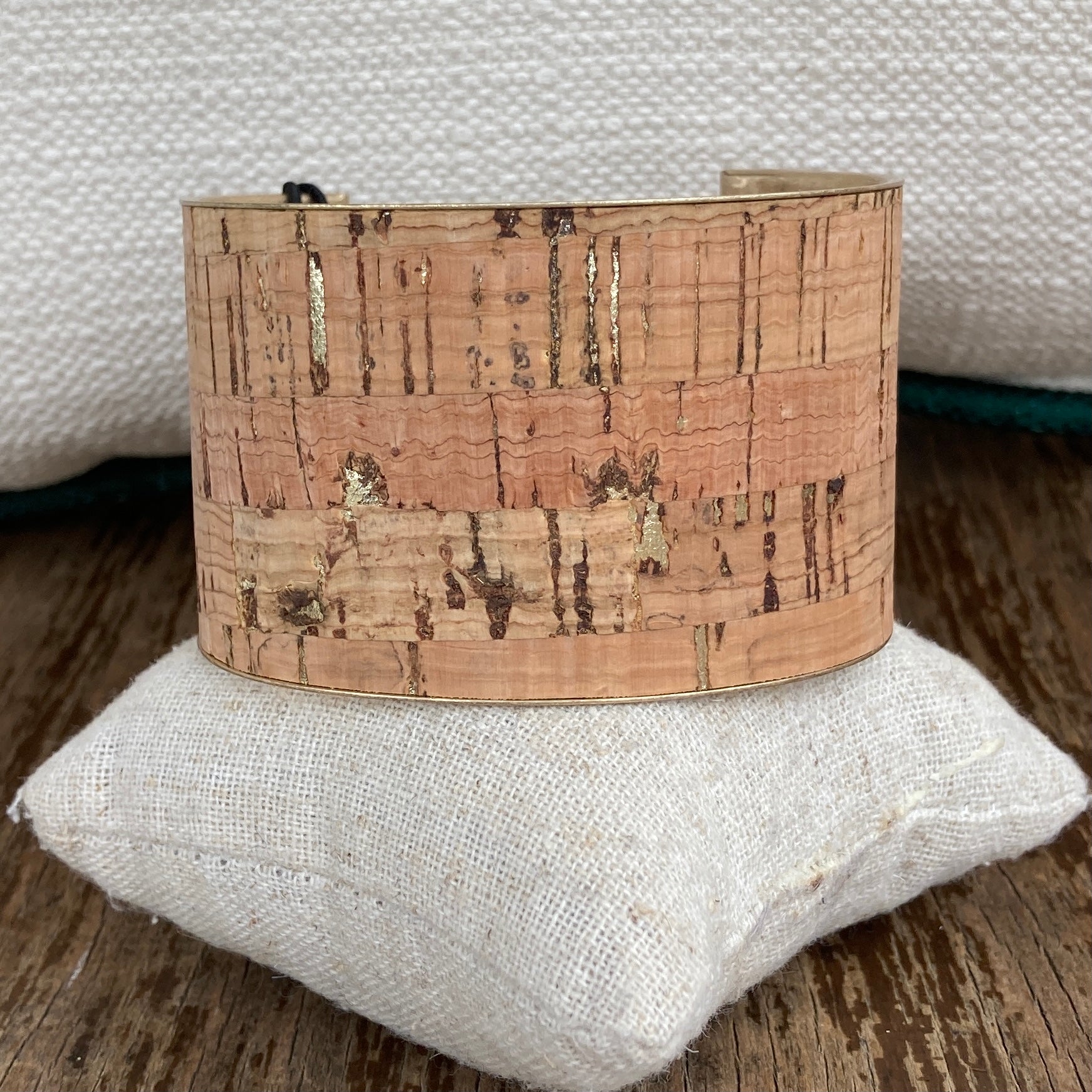 Natural Cork Cuff Bracelet available in neutral with gold flecks throughout
