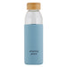 Glass water bottle with light blue silicone koozie that reads Amazing Grace