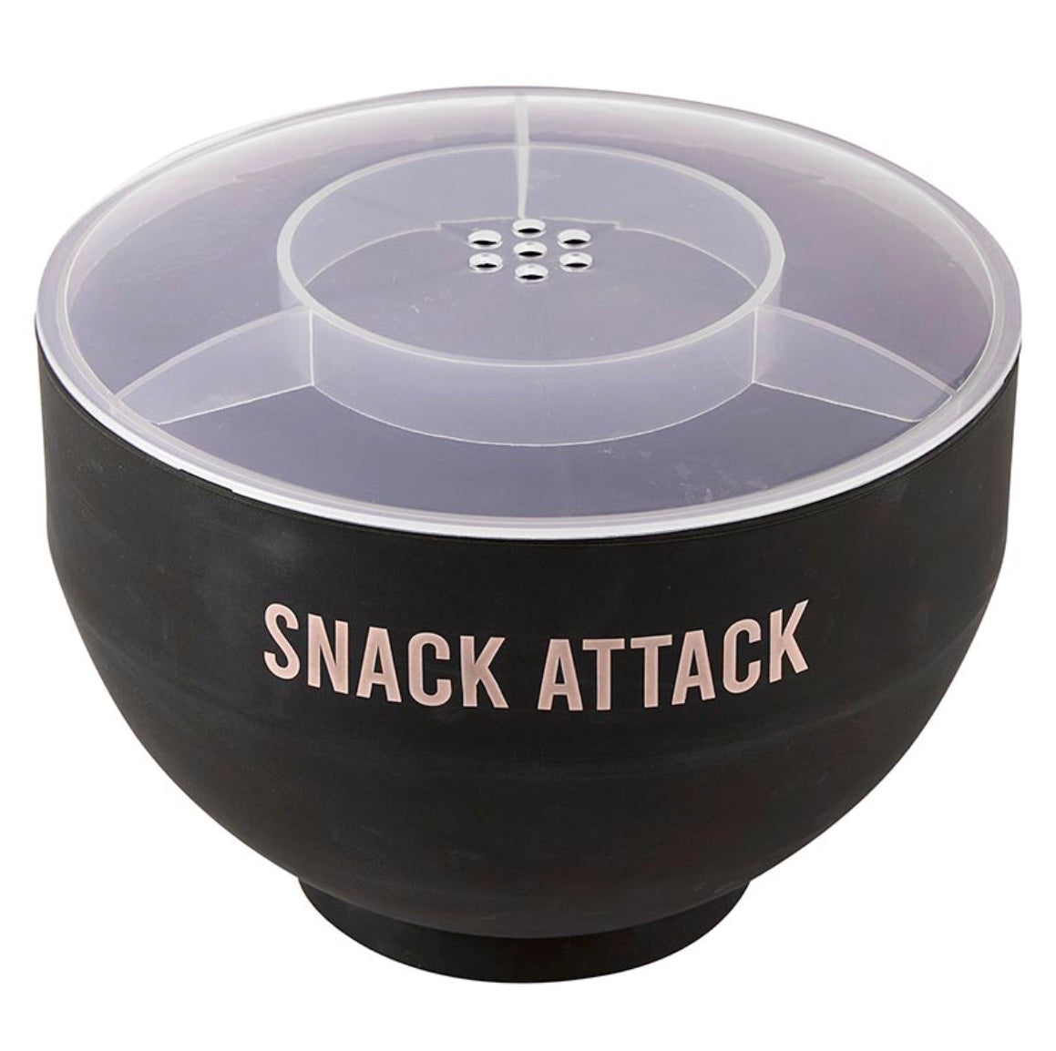Popcorn Bowl by Santa Barbara. Black bowl with white script 'Snack Attack'