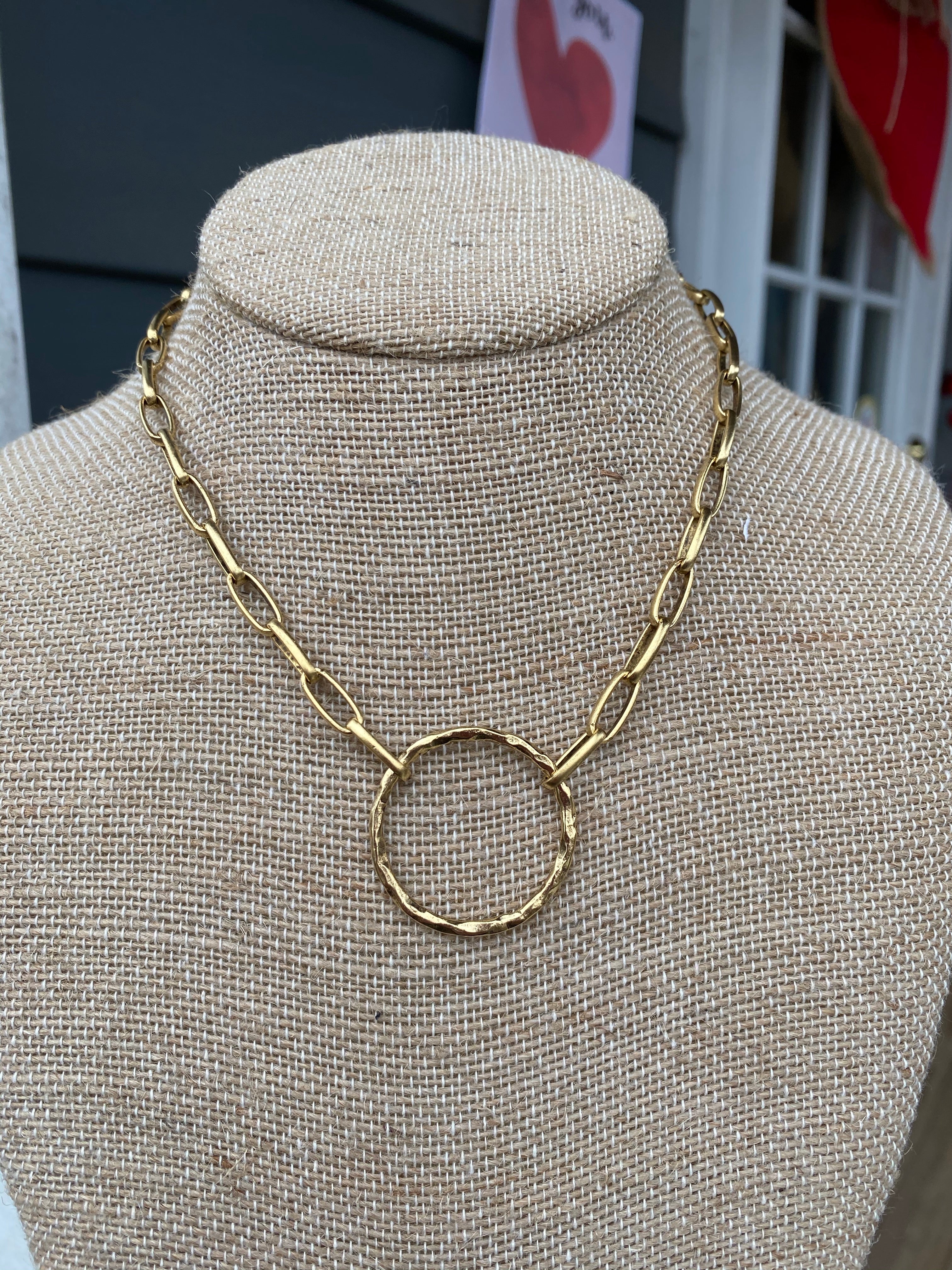 Open Loop Necklace with Hammered Gold Circle