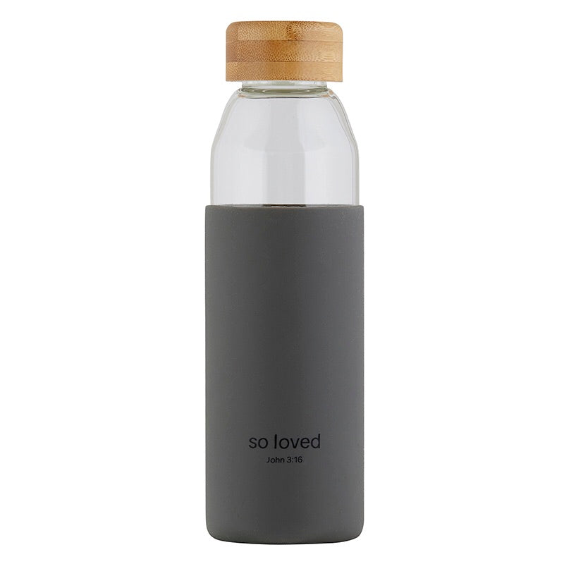 Glass water bottle with grey silicone koozie that reads So Loved