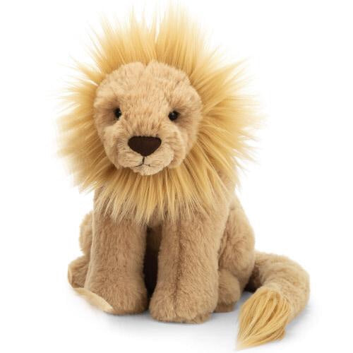 Leonardo Lion is a royal sweetheart, with a fine buttery mane and such soft biscuit fur. His mighty paws and chunky chocolate nose are fit for a king and scrumptious to snuggle. Wrapping his long, long tail behind him, he sits on his haunches, ready to pounce! 11" tall