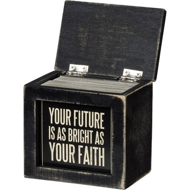 A black and white wooden hinged box with 80 double-sided faith themed inspirational sayings.