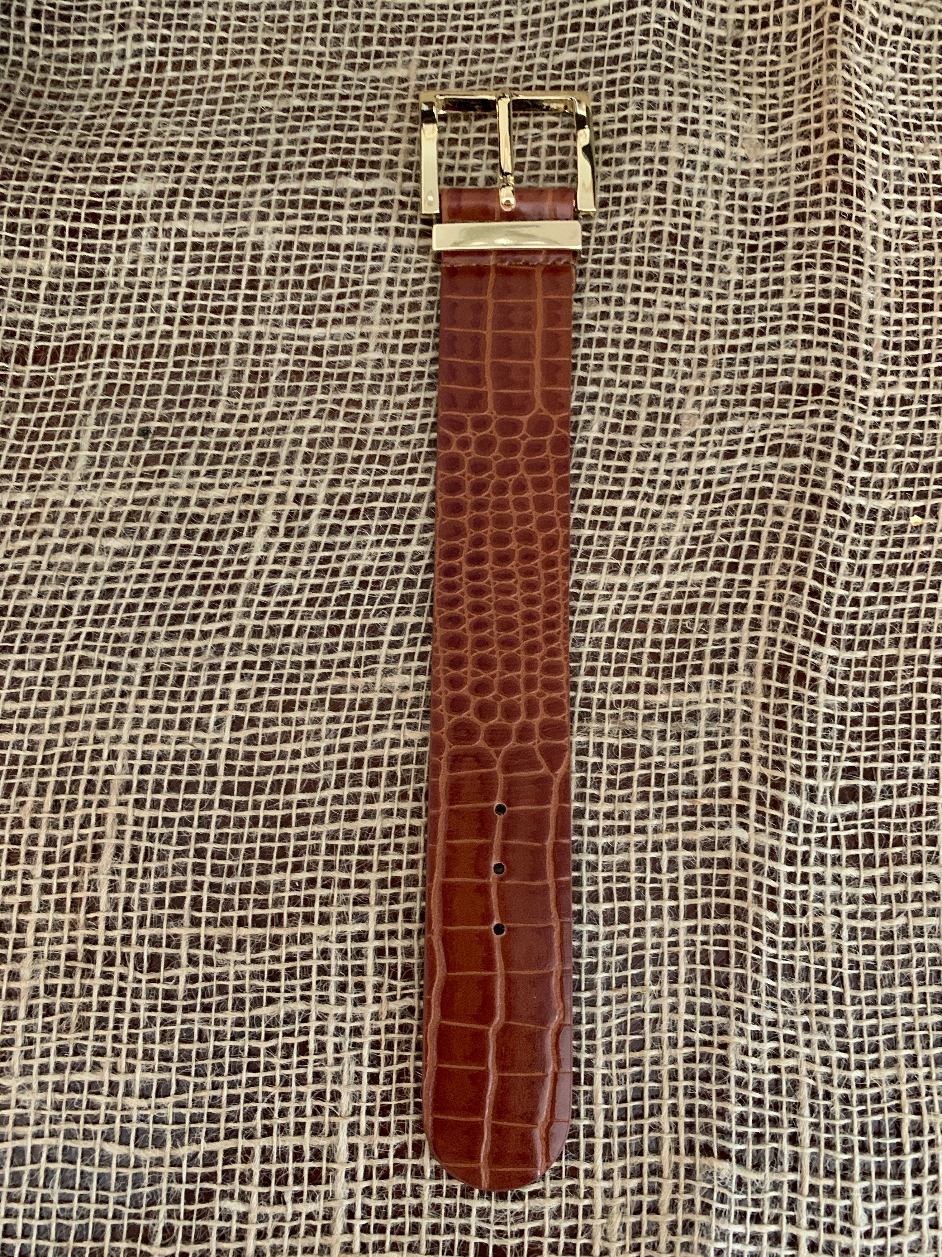 Alligator print brown leather belt bracelet with gold buckle fastener