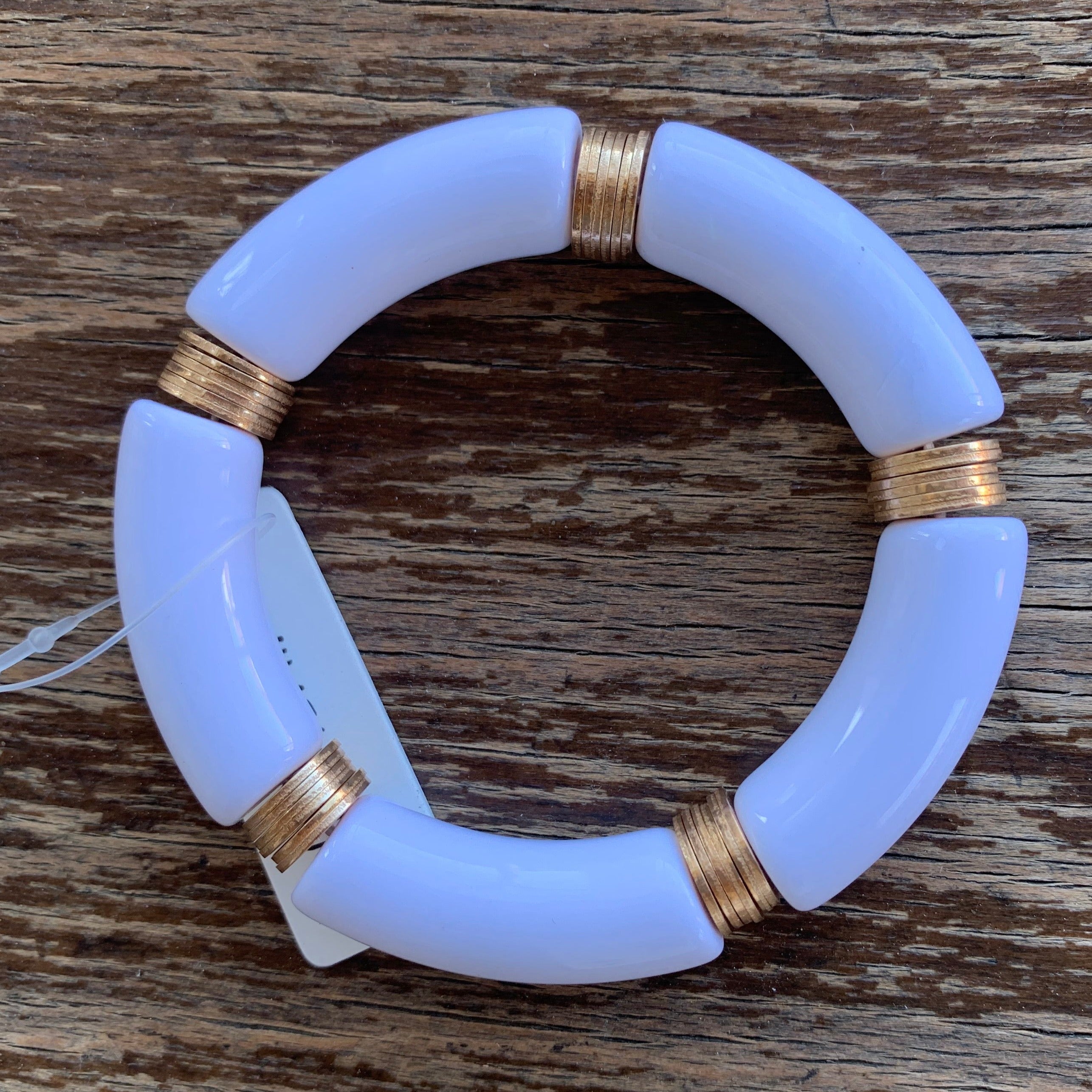 Bamboo Tube Stretch Bracelet - White with Gold accents