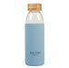 Glass water bottle with light blue silicone koozie that reads Fully Filled