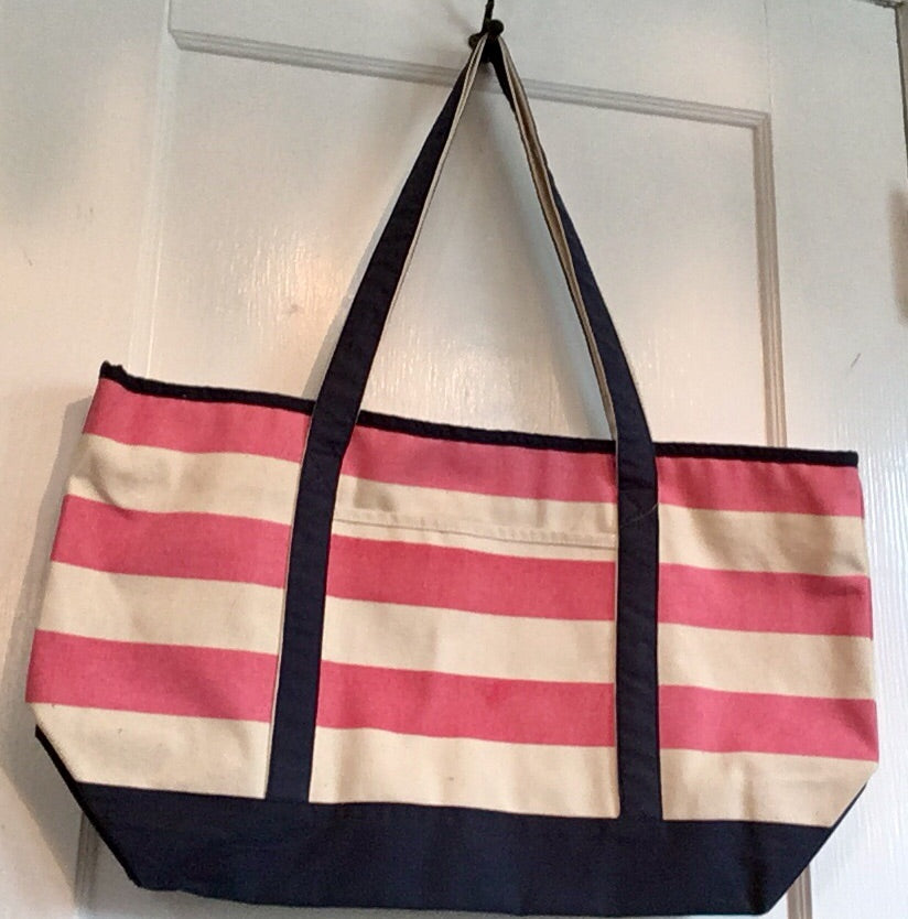Monogram Pink Stripe Tote Bag - Rope Handles Navy Blue