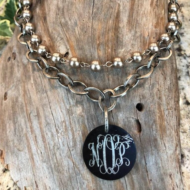 Engraved photo locket bracelet with large link chain and pearl