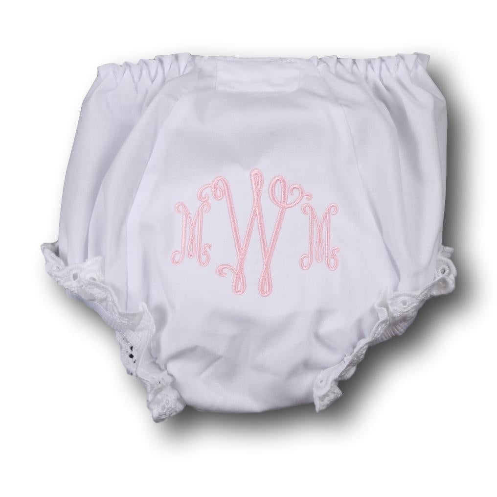A super comfy girls bloomer with white eyelet trim!   Great for monogramming.  Size 1 (0-6 mo) up to approx 18 lbs Size 2 (6-12 mo) up to approx 22 lbs Size 3 (12-18 mo) up to approx 26 lbs Size 4 (18-24 mo) up to approx 29 lbs