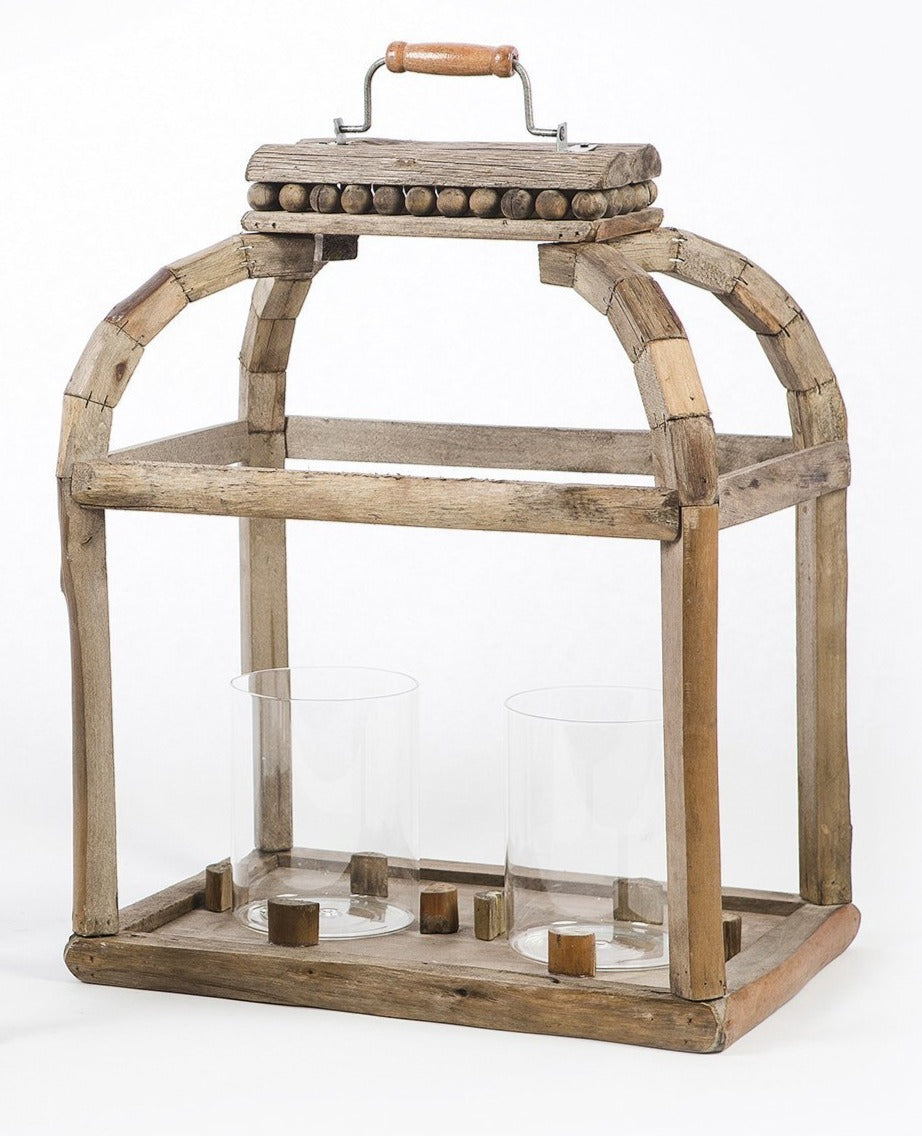 Large wooden lantern with dual glass votives