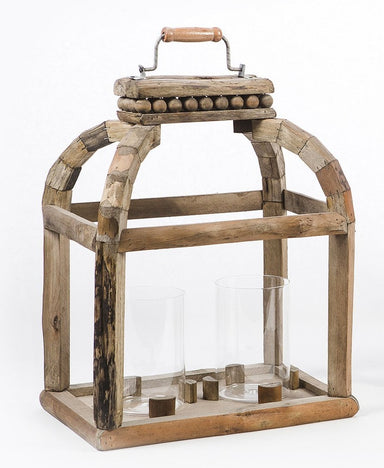 Small wooden lantern with dual glass votives